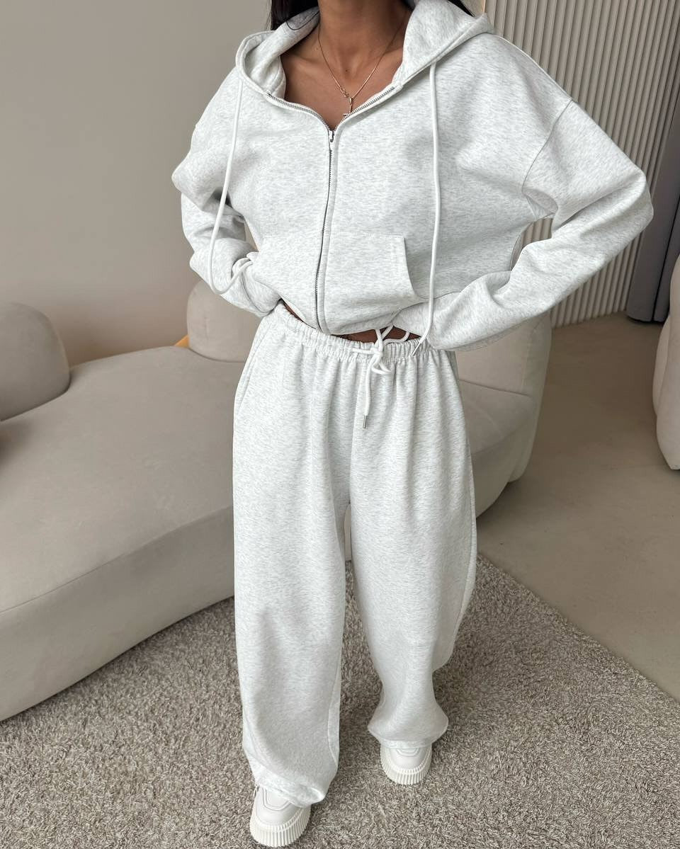 Cotton Blend Zip Hoodie Wide Leg Athletic Tracksuit - Heather Gray