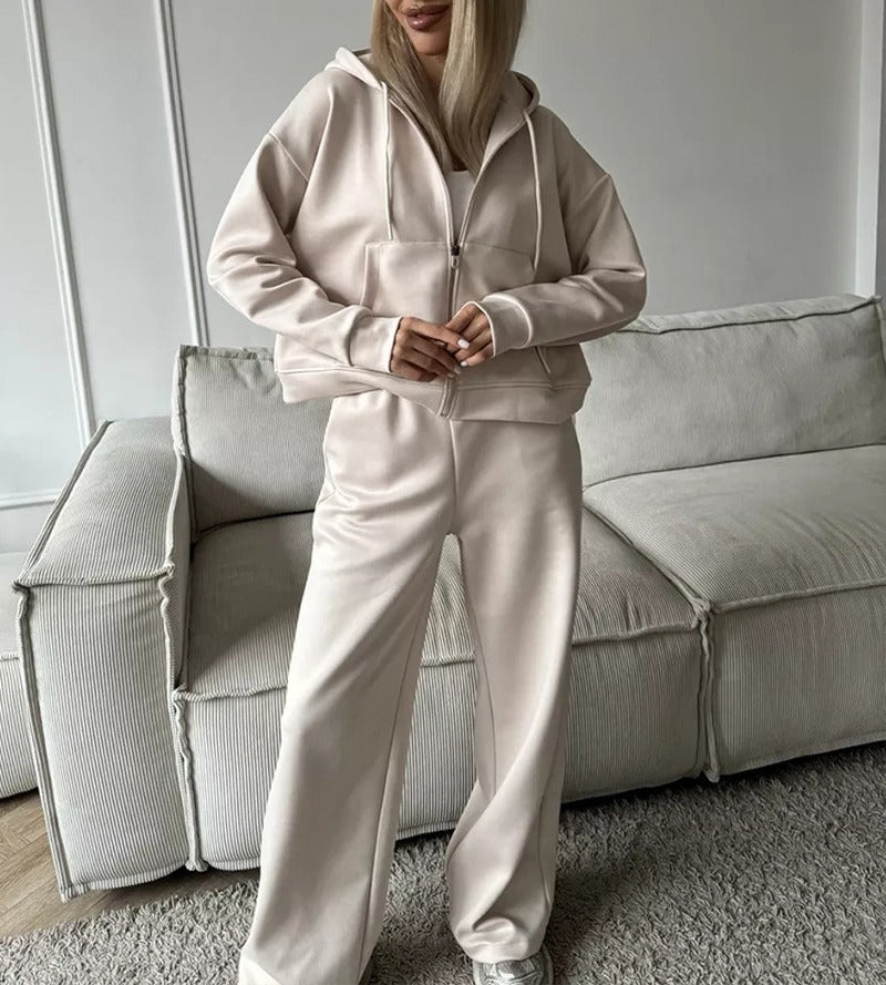 Cotton Blend Zip Hoodie Wide Leg Athletic Tracksuit - Oatmeal