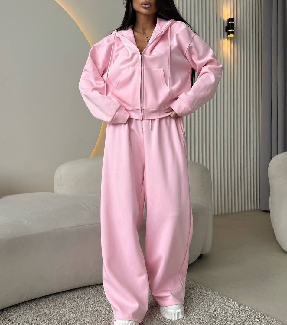 Cotton Blend Zip Hoodie Wide Leg Athletic Tracksuit