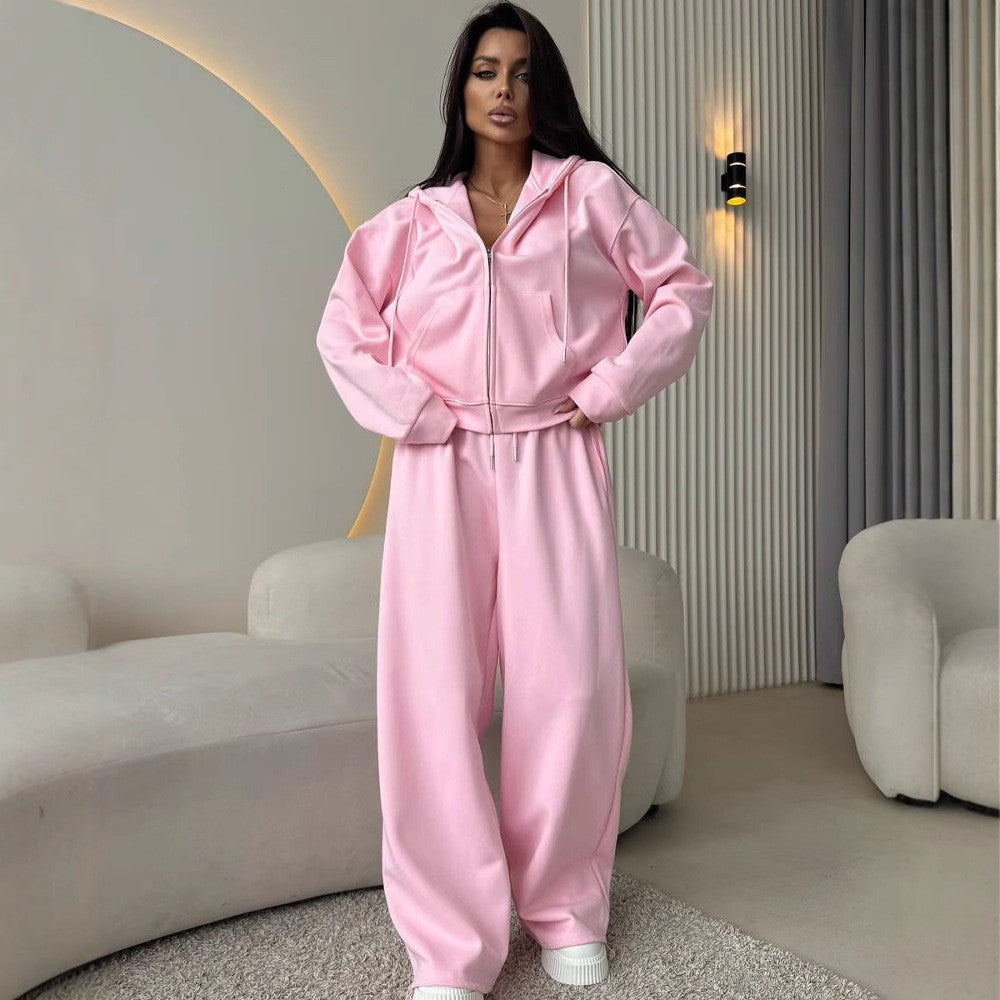 Cotton Blend Zip Hoodie Wide Leg Athletic Tracksuit
