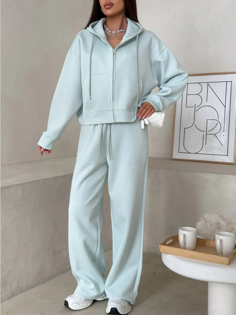 Cotton Blend Zip Hoodie Wide Leg Athletic Tracksuit
