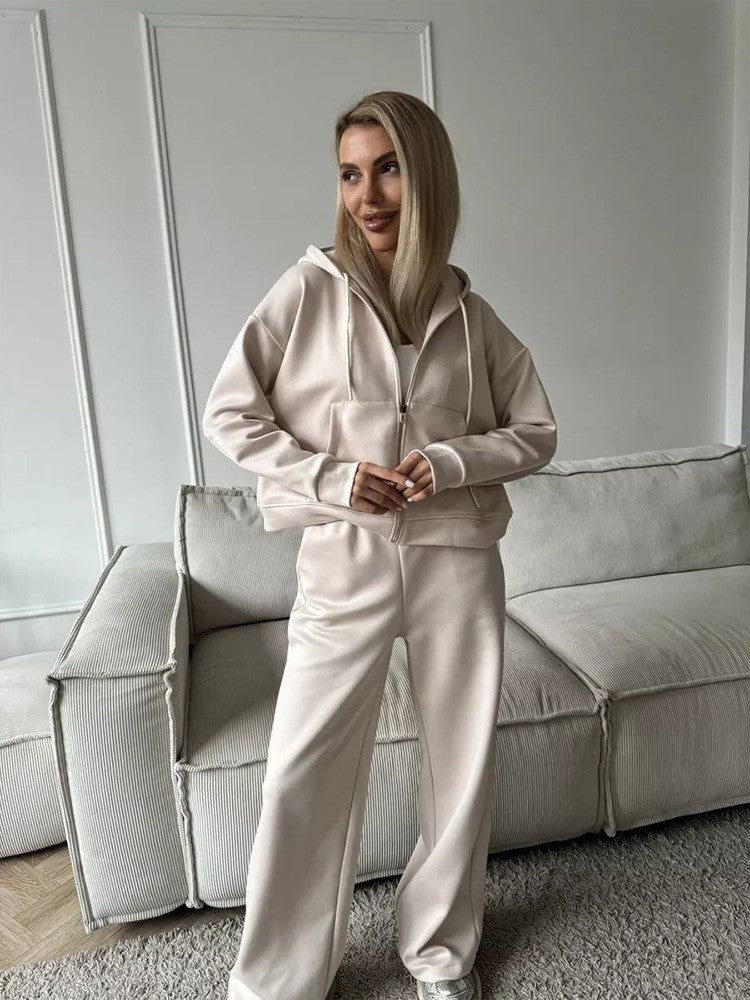 Cotton Blend Zip Hoodie Wide Leg Athletic Tracksuit