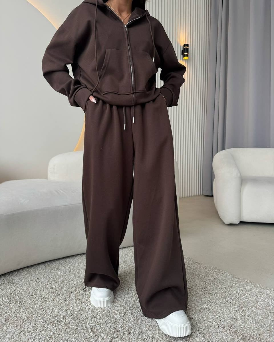 Cotton Blend Zip Hoodie Wide Leg Athletic Tracksuit