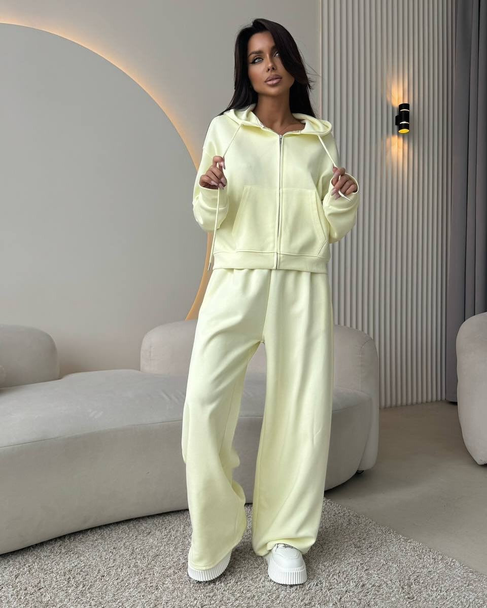 Cotton Blend Zip Hoodie Wide Leg Athletic Tracksuit