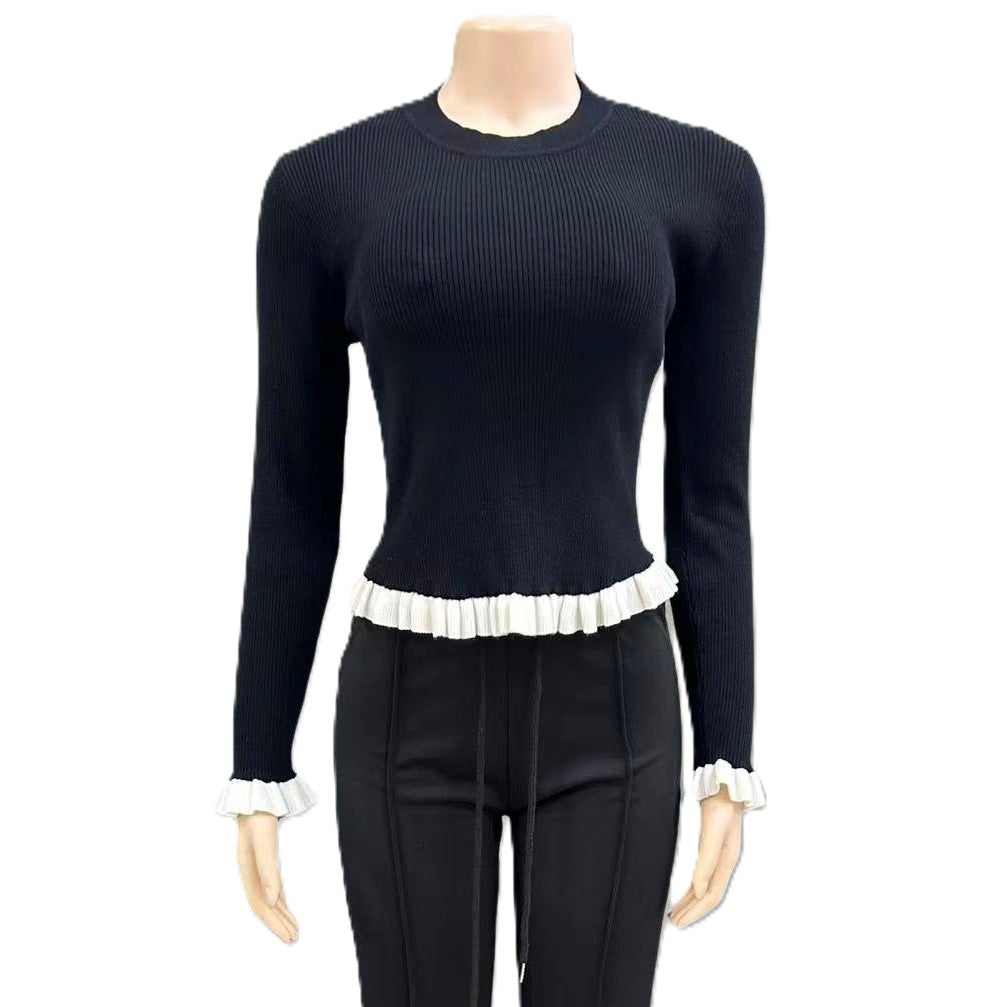 Contrast Ruffle Trim Fitted Rib Knit Top - Black