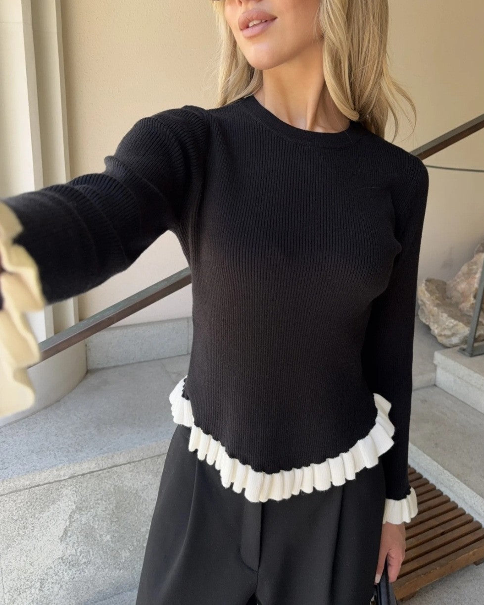 Contrast Ruffle Trim Fitted Rib Knit Top - Black - 1
