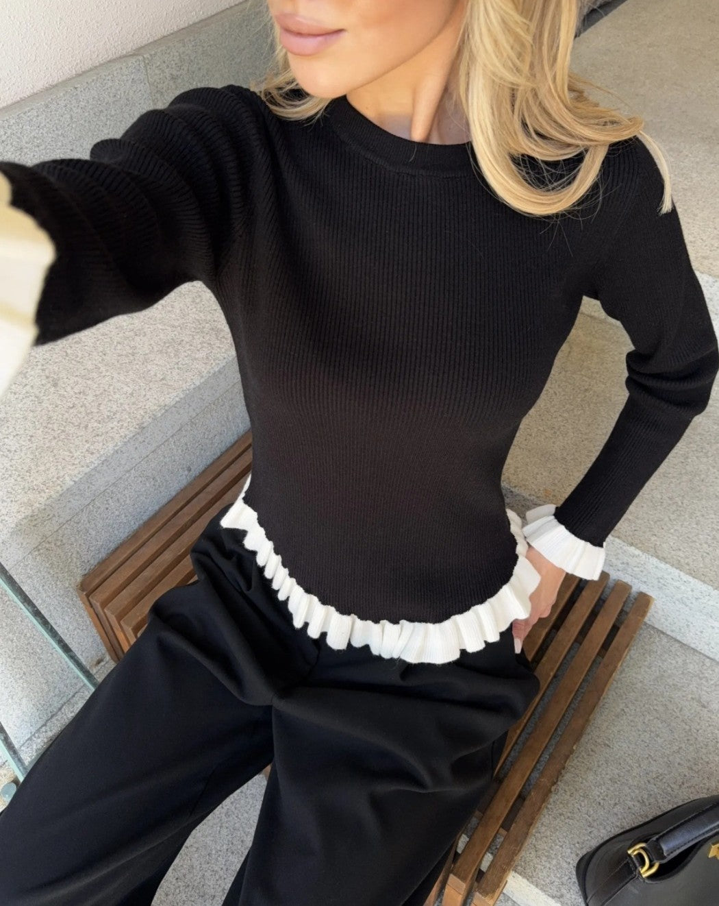 Contrast Ruffle Trim Fitted Rib Knit Top - Black - 3