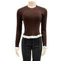 Contrast Ruffle Trim Fitted Rib Knit Top - Brown