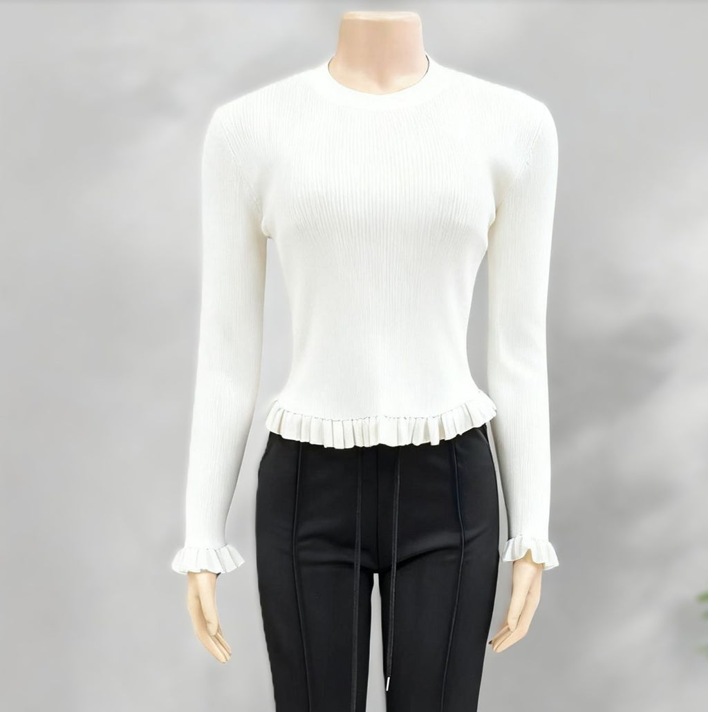 Contrast Ruffle Trim Fitted Rib Knit Top - White