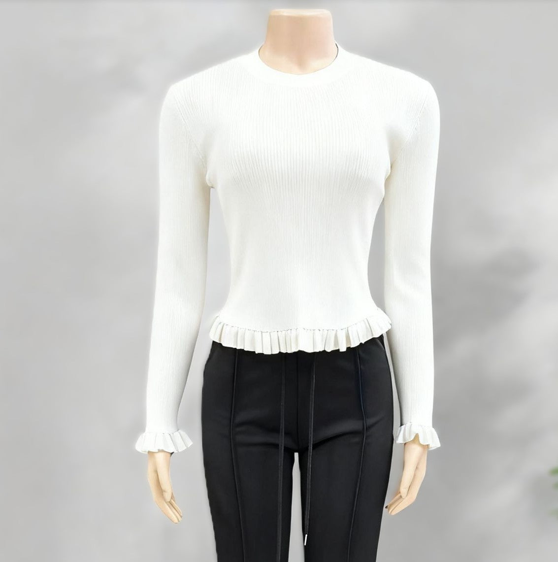 Contrast Ruffle Trim Fitted Rib Knit Top - White
