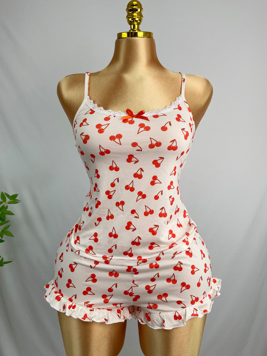 Cherry Print Ruffle Hem Cami Pajama Set - Red