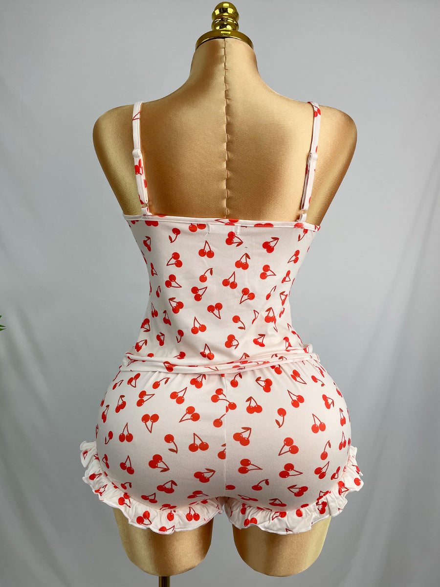 Cherry Print Ruffle Hem Cami Pajama Set - Red - 1