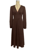 Shirred Waist V-Neck Balloon Sleeve Midi Dress - Brown