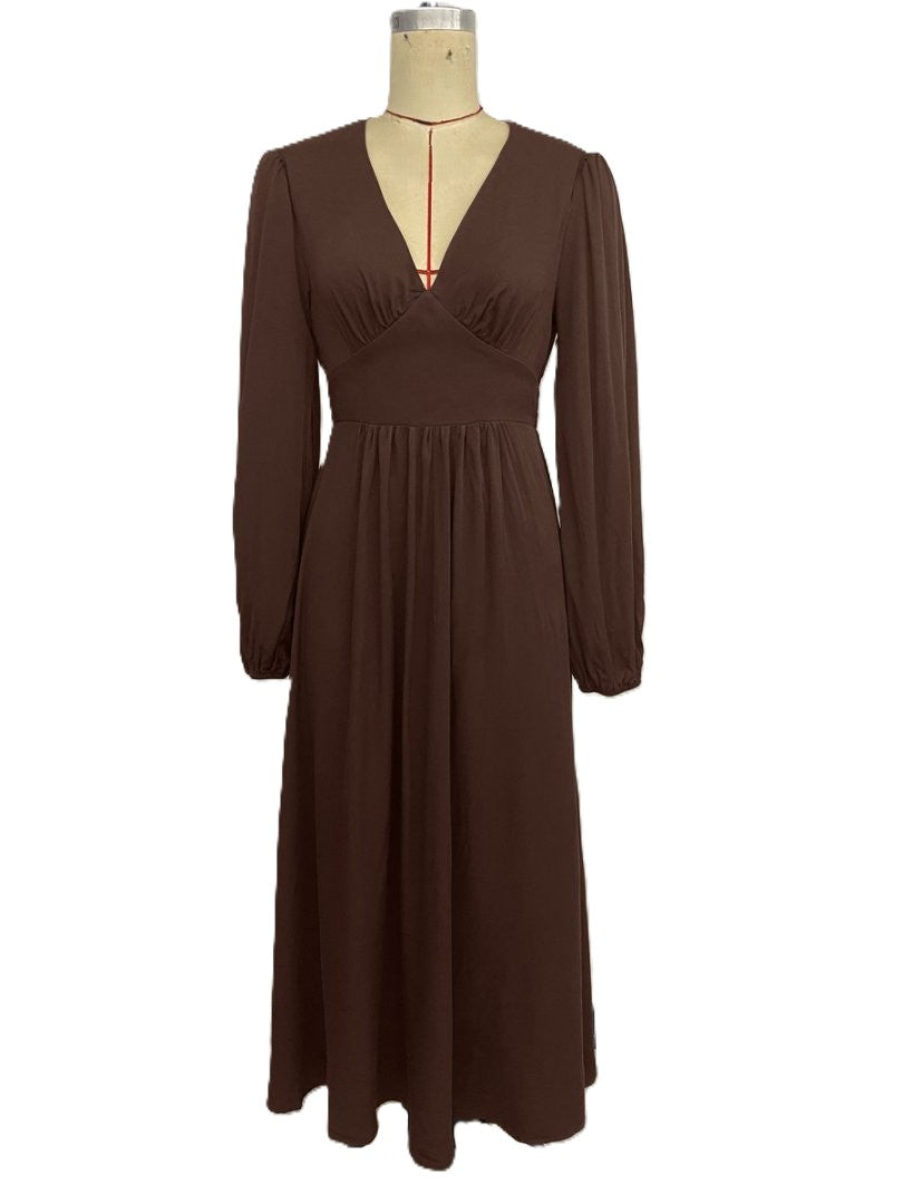 Shirred Waist V-Neck Balloon Sleeve Midi Dress - Brown