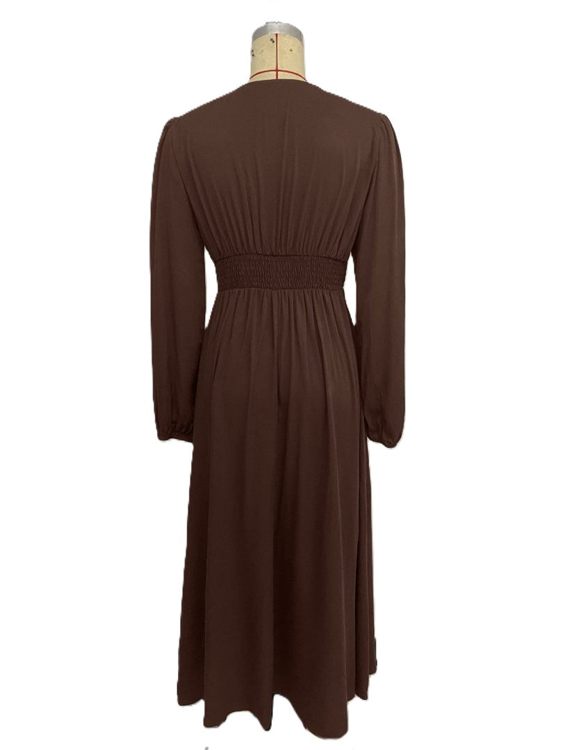 Shirred Waist V-Neck Balloon Sleeve Midi Dress - Brown - 1