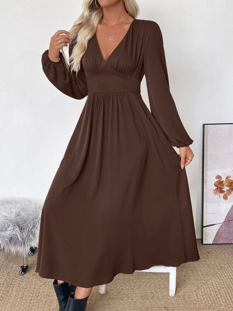 Shirred Waist V-Neck Balloon Sleeve Midi Dress - Brown - 2
