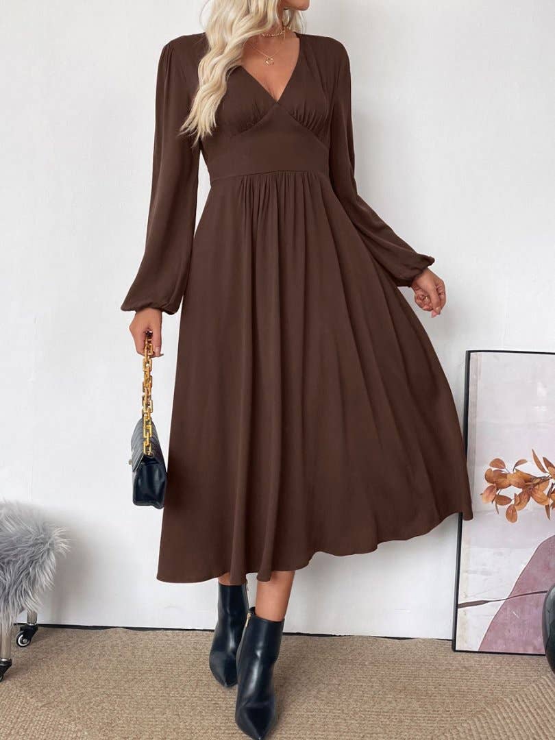 Shirred Waist V-Neck Balloon Sleeve Midi Dress