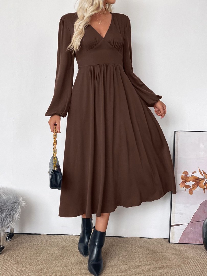 Shirred Waist V-Neck Balloon Sleeve Midi Dress - view 1