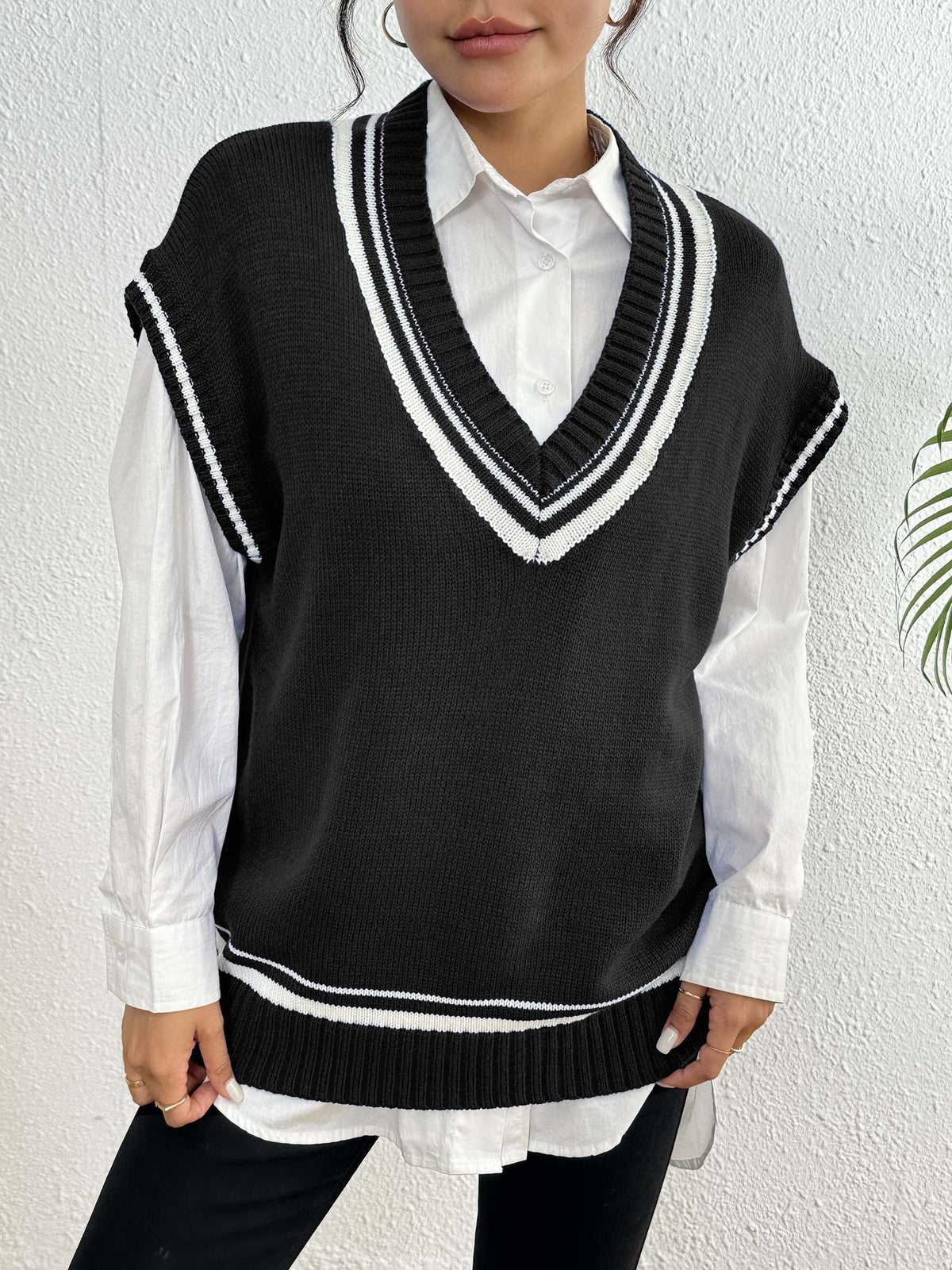Varsity Tipped Deep V Sweater Vest - Black