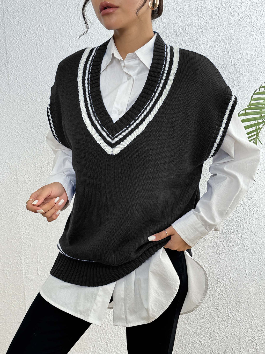 Varsity Tipped Deep V Sweater Vest - Black - 1