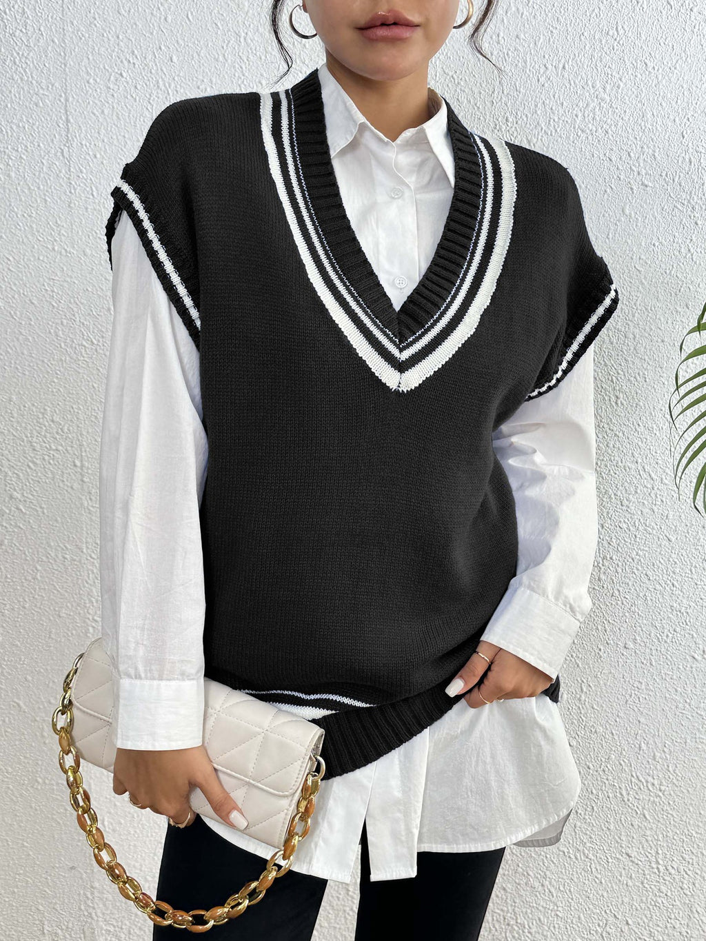 Varsity Tipped Deep V Sweater Vest - Black - 2