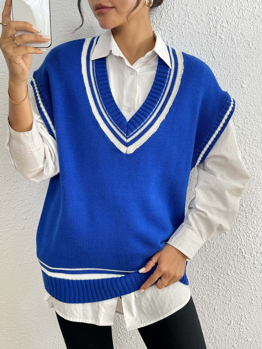 Varsity Tipped Deep V Sweater Vest - Blue
