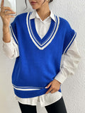 Varsity Tipped Deep V Sweater Vest - Blue