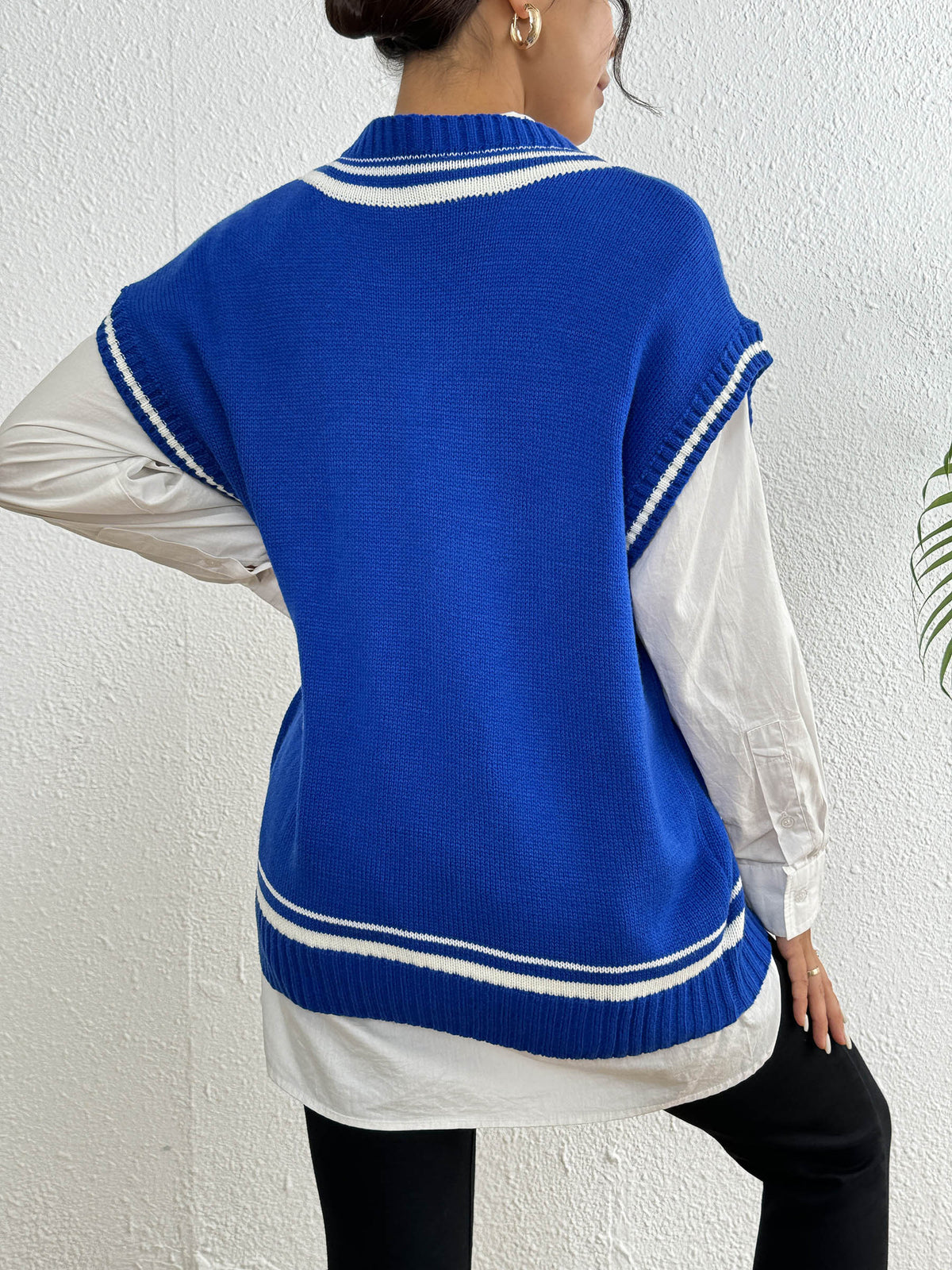 Varsity Tipped Deep V Sweater Vest - Blue - 1