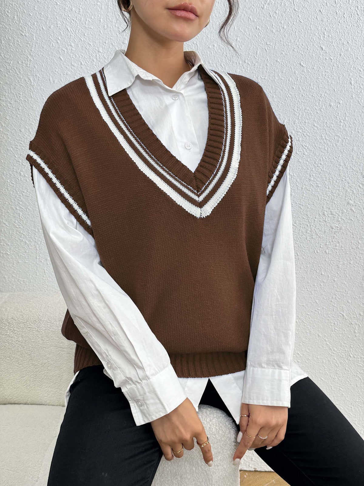 Varsity Tipped Deep V Sweater Vest - Coffee