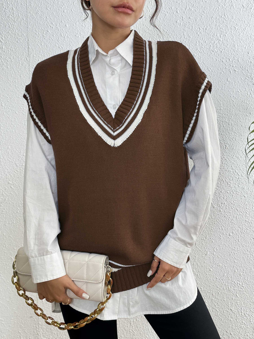 Varsity Tipped Deep V Sweater Vest - Coffee - 1