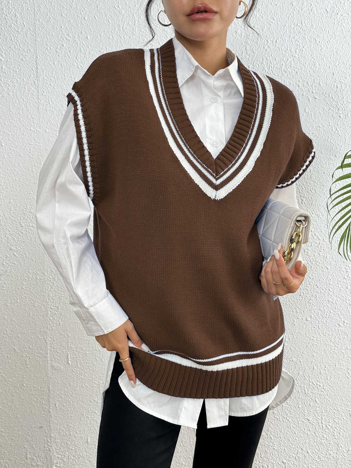 Varsity Tipped Deep V Sweater Vest - Coffee - 2