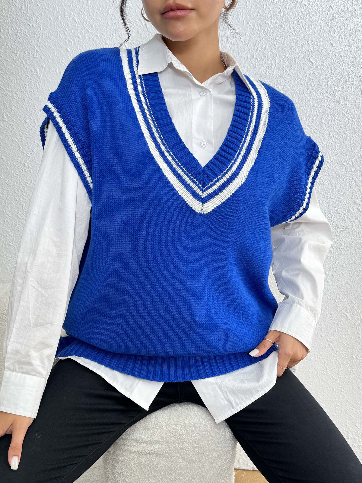 Varsity Tipped Deep V Sweater Vest