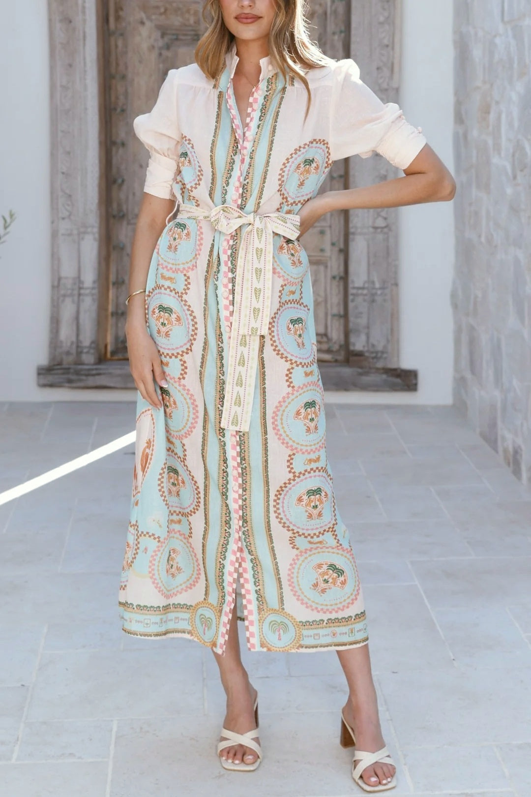 Scarf Print Button Front Maxi Shirt Dress - Beige