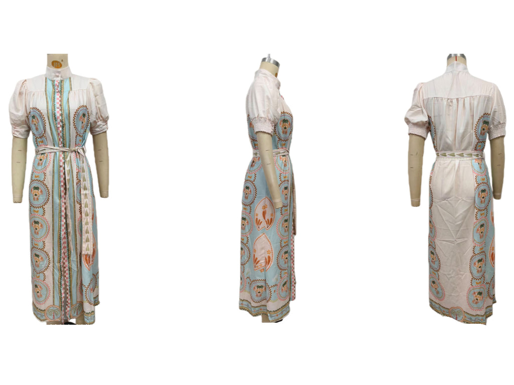 Scarf Print Button Front Maxi Shirt Dress - Beige - 1