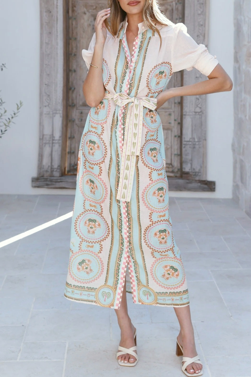 Scarf Print Button Front Maxi Shirt Dress - Beige - 2
