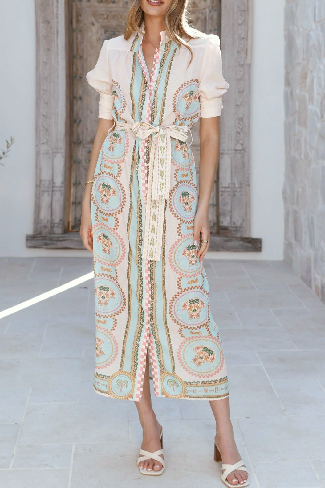 Scarf Print Button Front Maxi Shirt Dress - Beige - 3