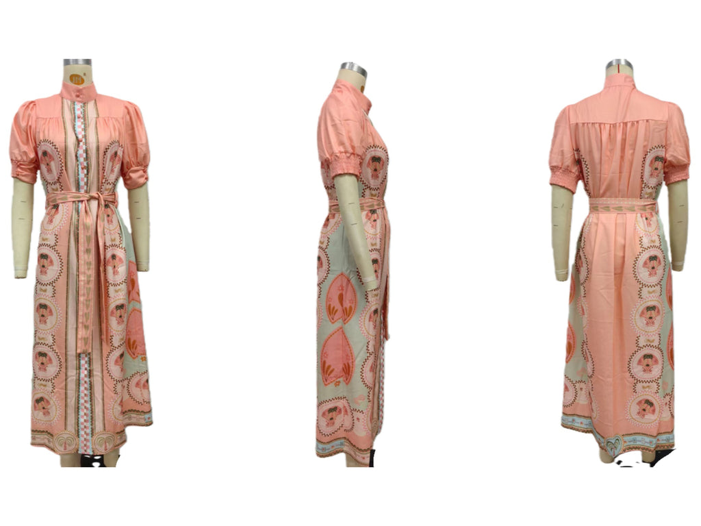 Scarf Print Button Front Maxi Shirt Dress - Coral