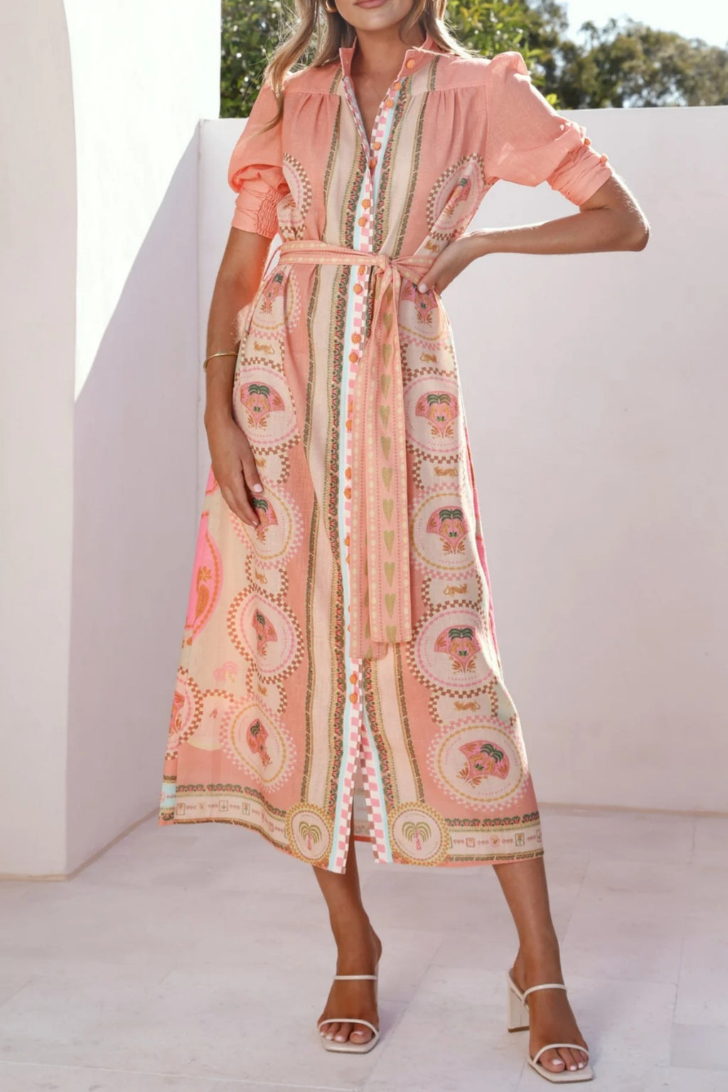 Scarf Print Button Front Maxi Shirt Dress - Coral - 1