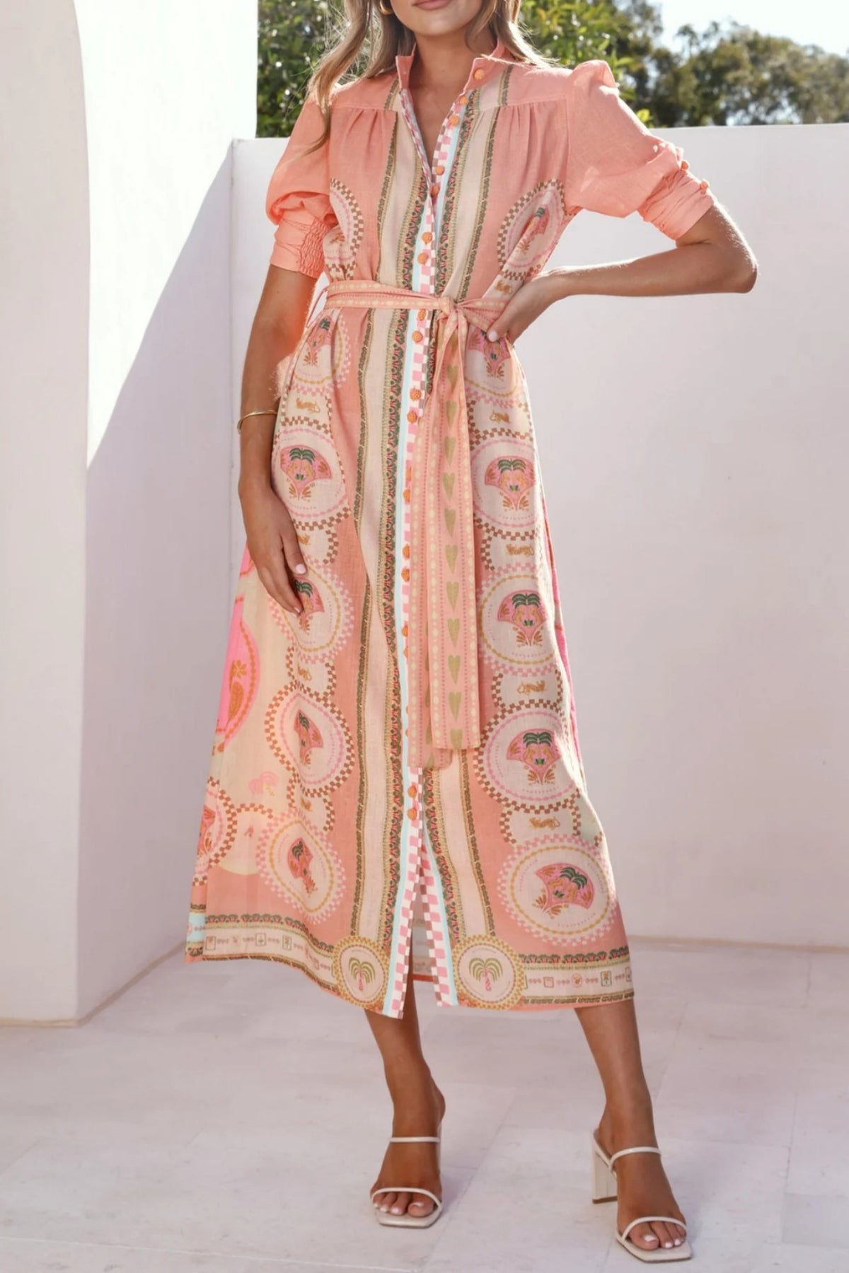 Scarf Print Button Front Maxi Shirt Dress - Coral - 1