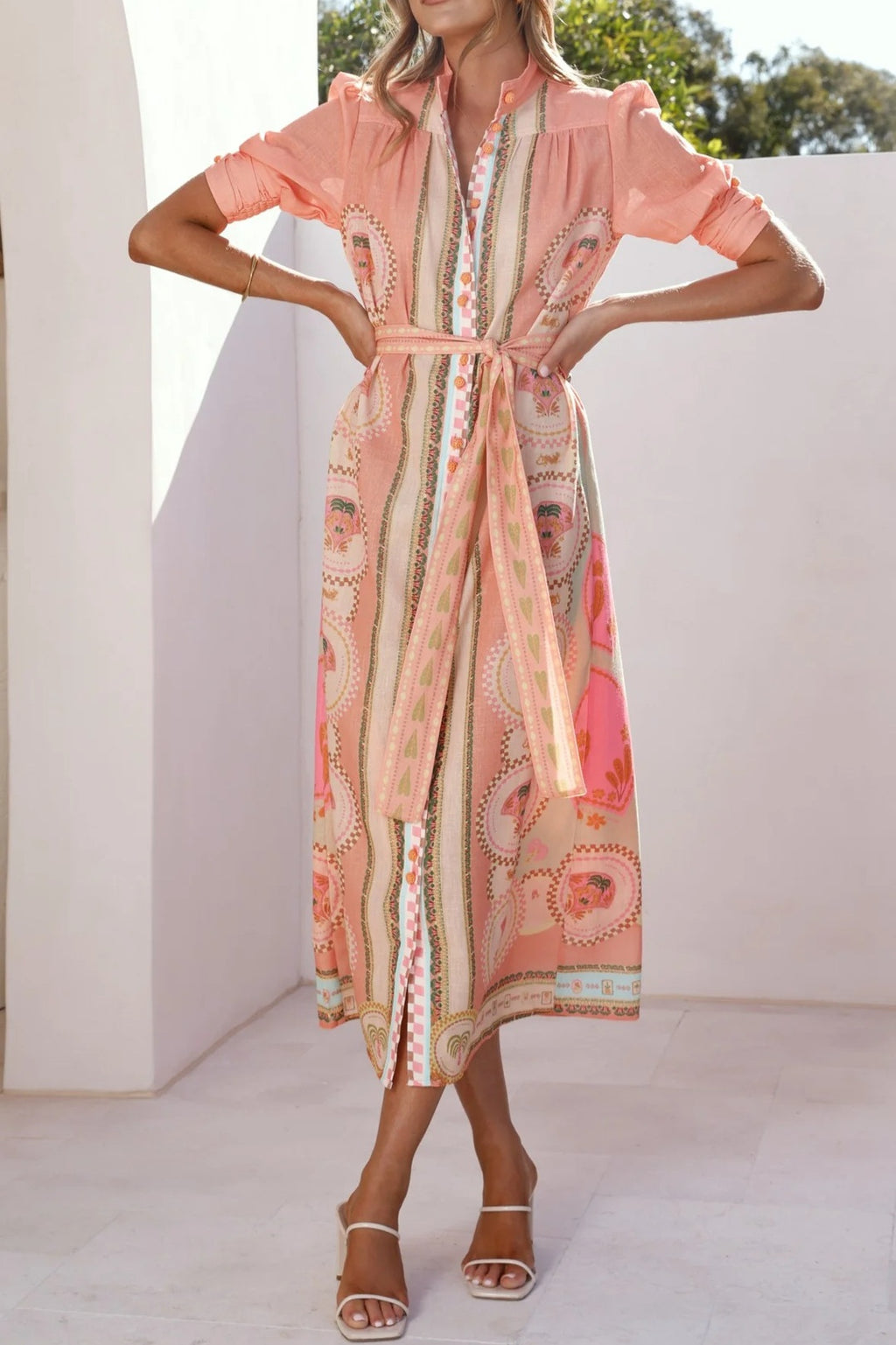 Scarf Print Button Front Maxi Shirt Dress - Coral - 4
