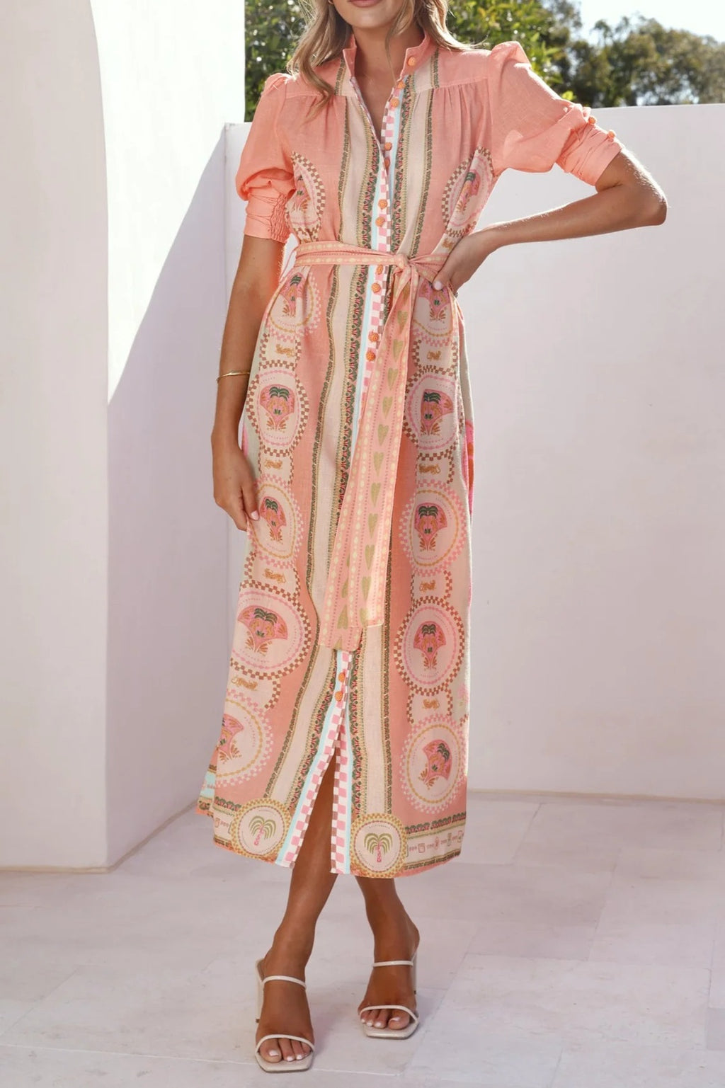 Scarf Print Button Front Maxi Shirt Dress - Coral - 5