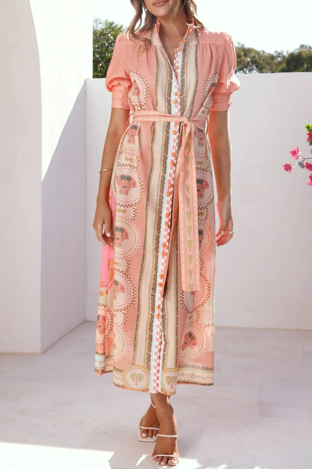 Scarf Print Button Front Maxi Shirt Dress - Coral - 6