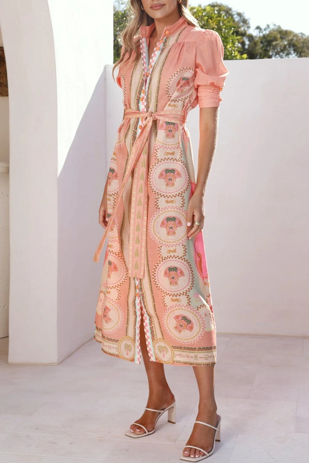 Scarf Print Button Front Maxi Shirt Dress - Coral - 7