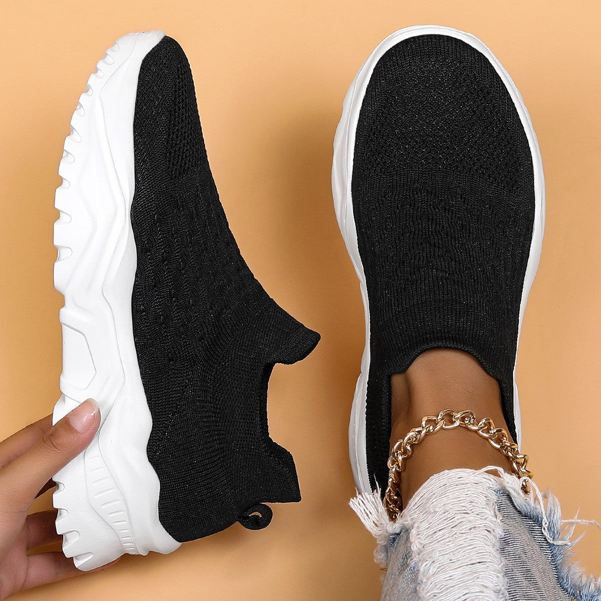 Slip On Platform Knit Sock Sneakers - Black White