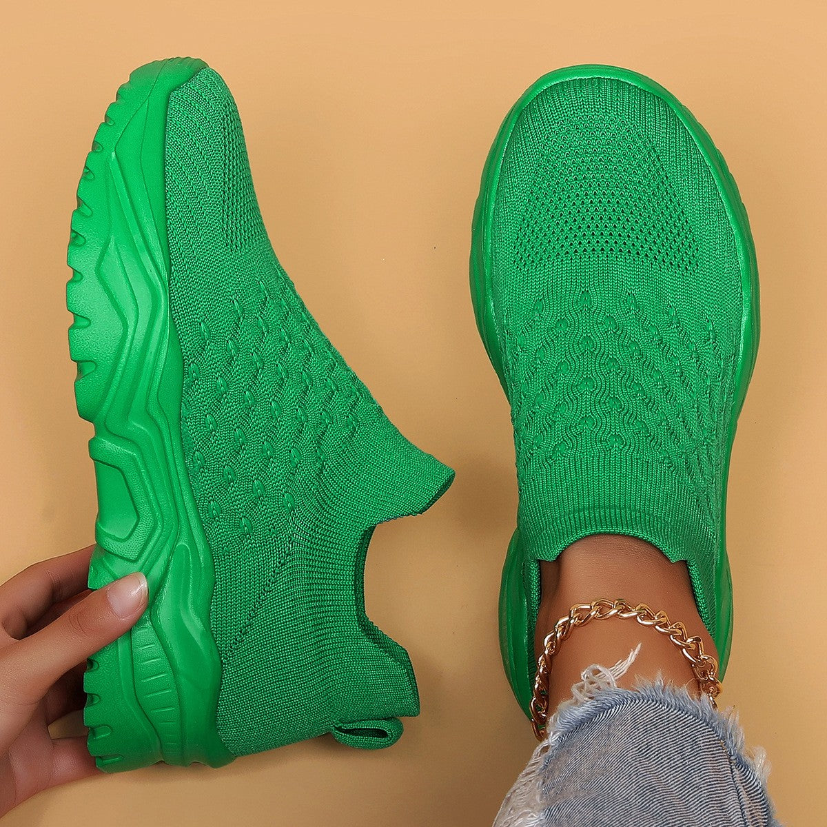 Slip On Platform Knit Sock Sneakers - Green