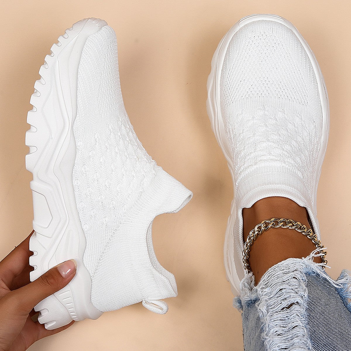 Slip On Platform Knit Sock Sneakers - White