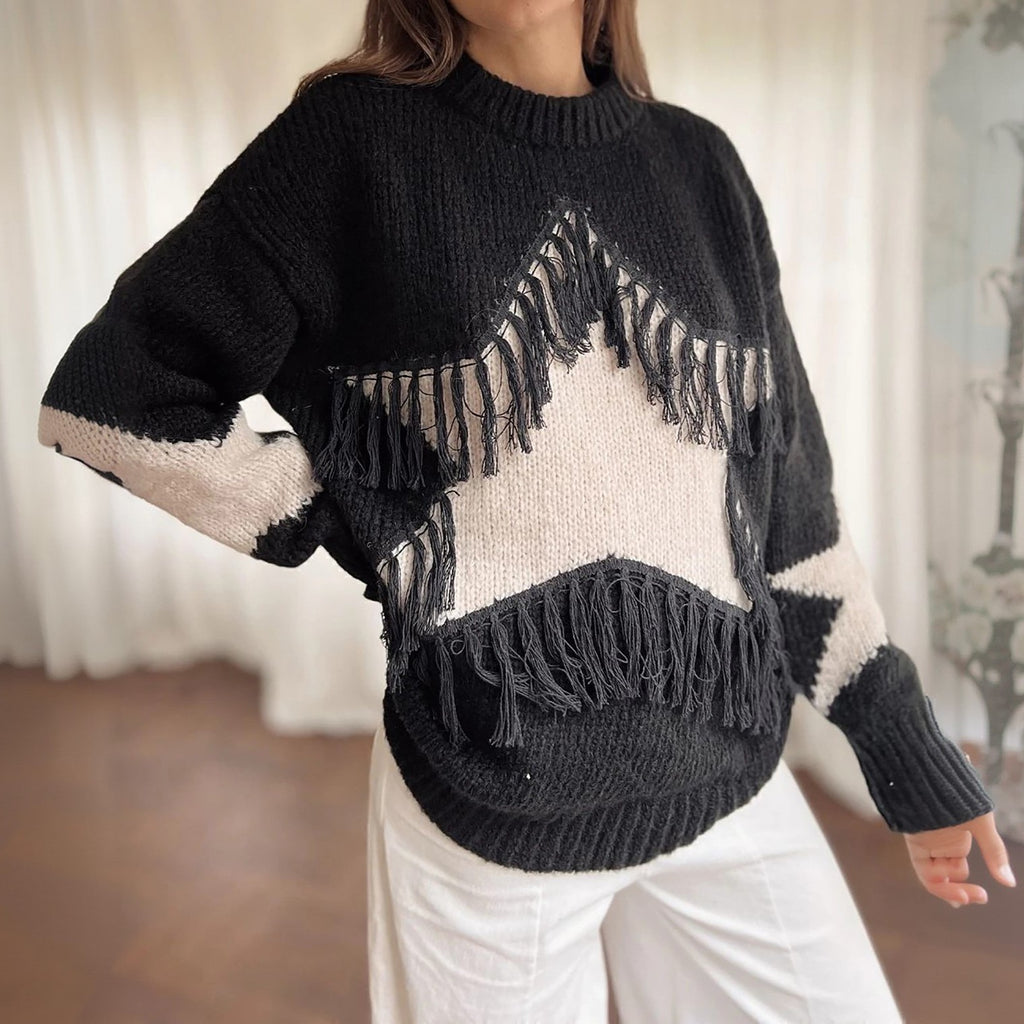 Fringed Star Knit Sweater with Contrast Sleeves - Black