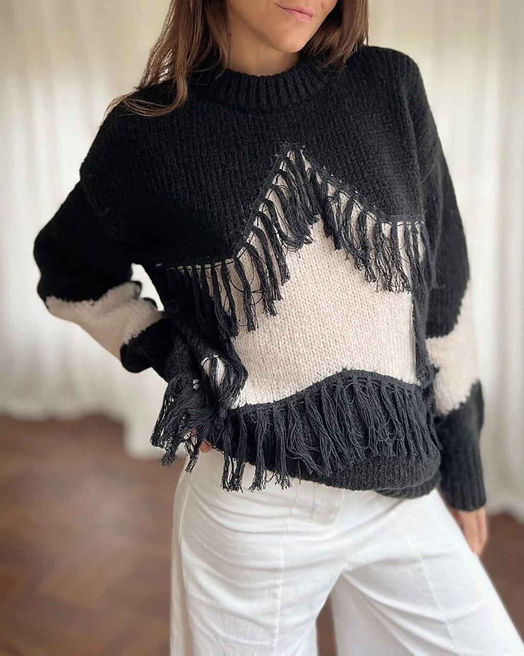 Fringed Star Knit Sweater with Contrast Sleeves - Black - 1