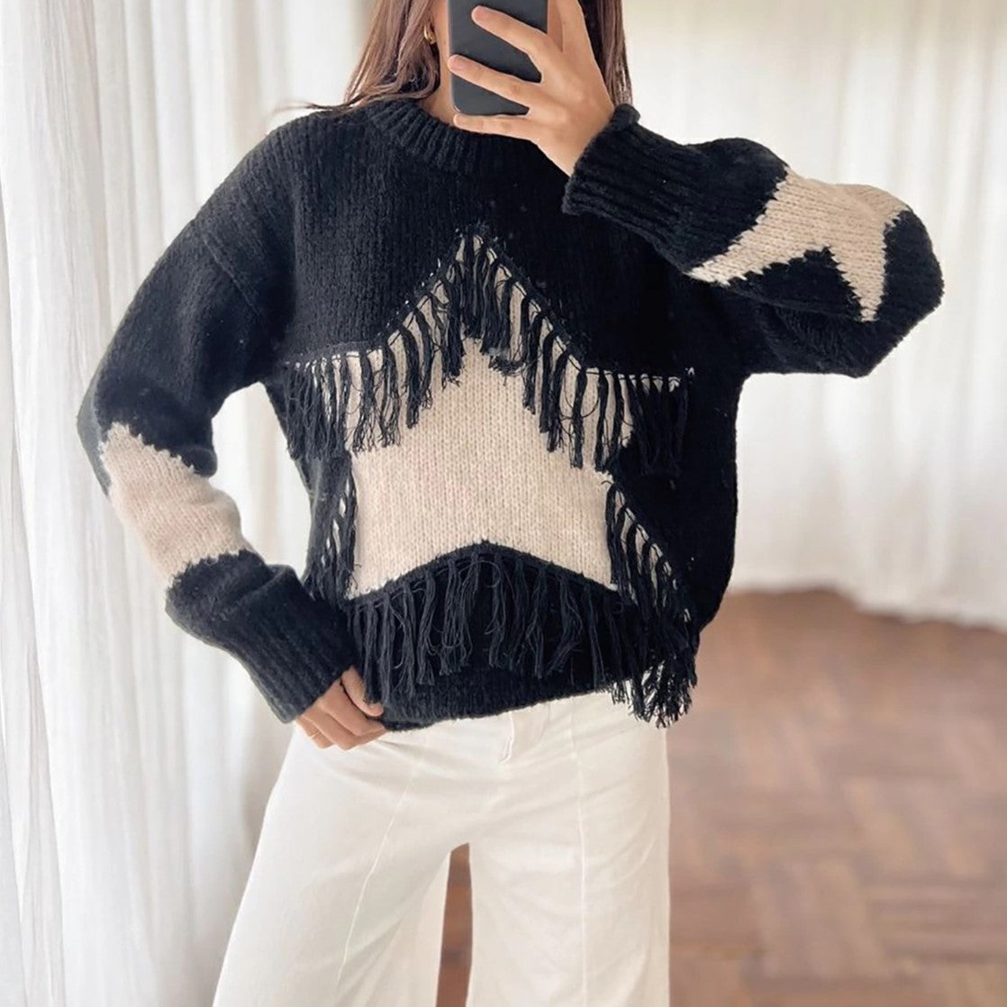 Fringed Star Knit Sweater with Contrast Sleeves - Black - 2