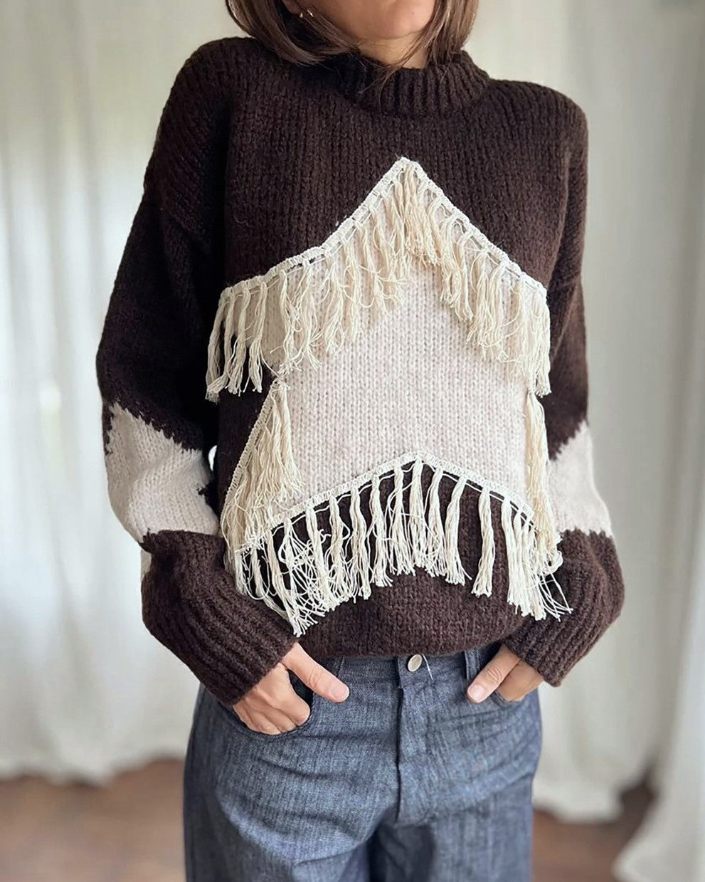 Fringed Star Knit Sweater with Contrast Sleeves - Brown